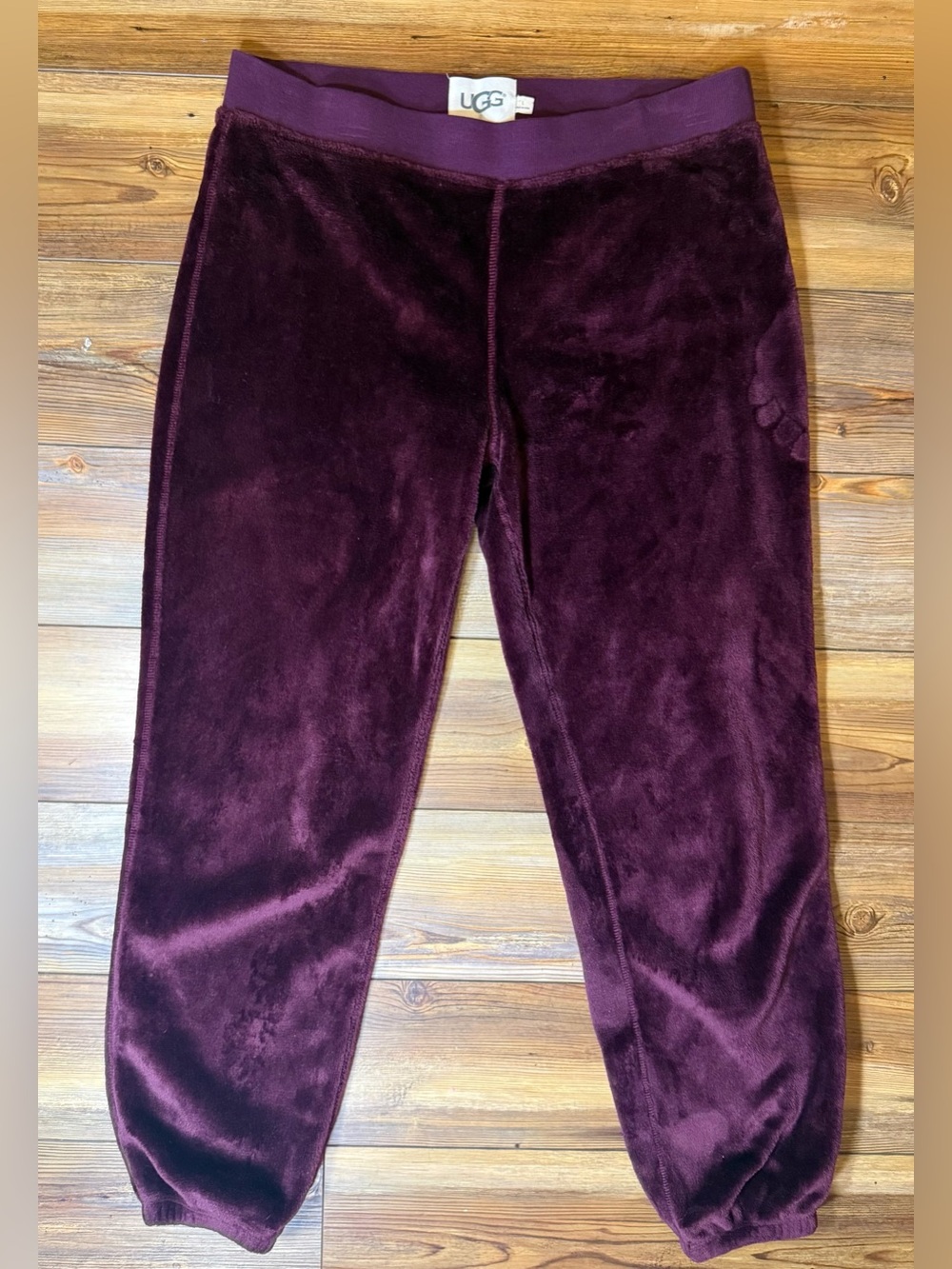 UGG Plush Velour Jogger Pants Womens L Burgundy Cozy Lounge Pull On Soft